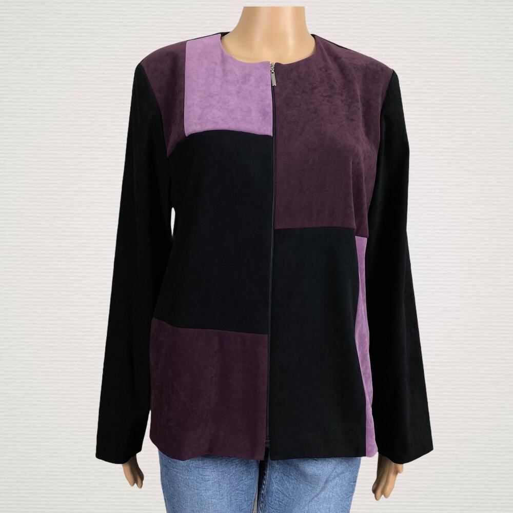 Vintage JM Collections Purple Colorblock Faux Suede Blazer Jacket SZ 8 Full Zip